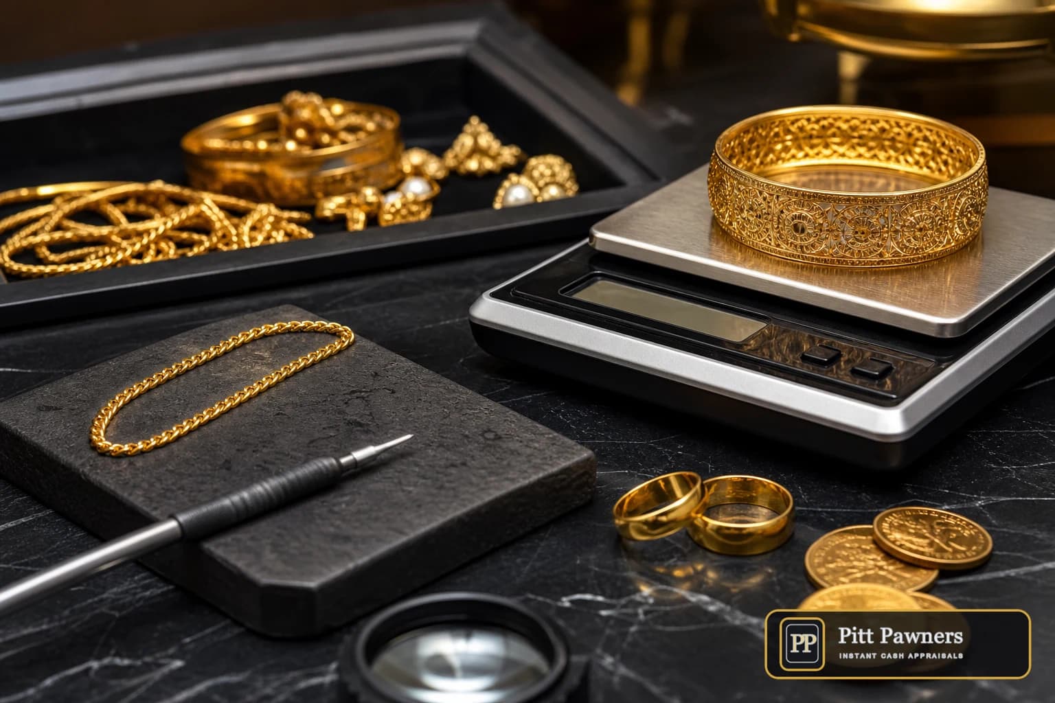 Pitt Pawners branded gold appraisal with jewellery and scale
