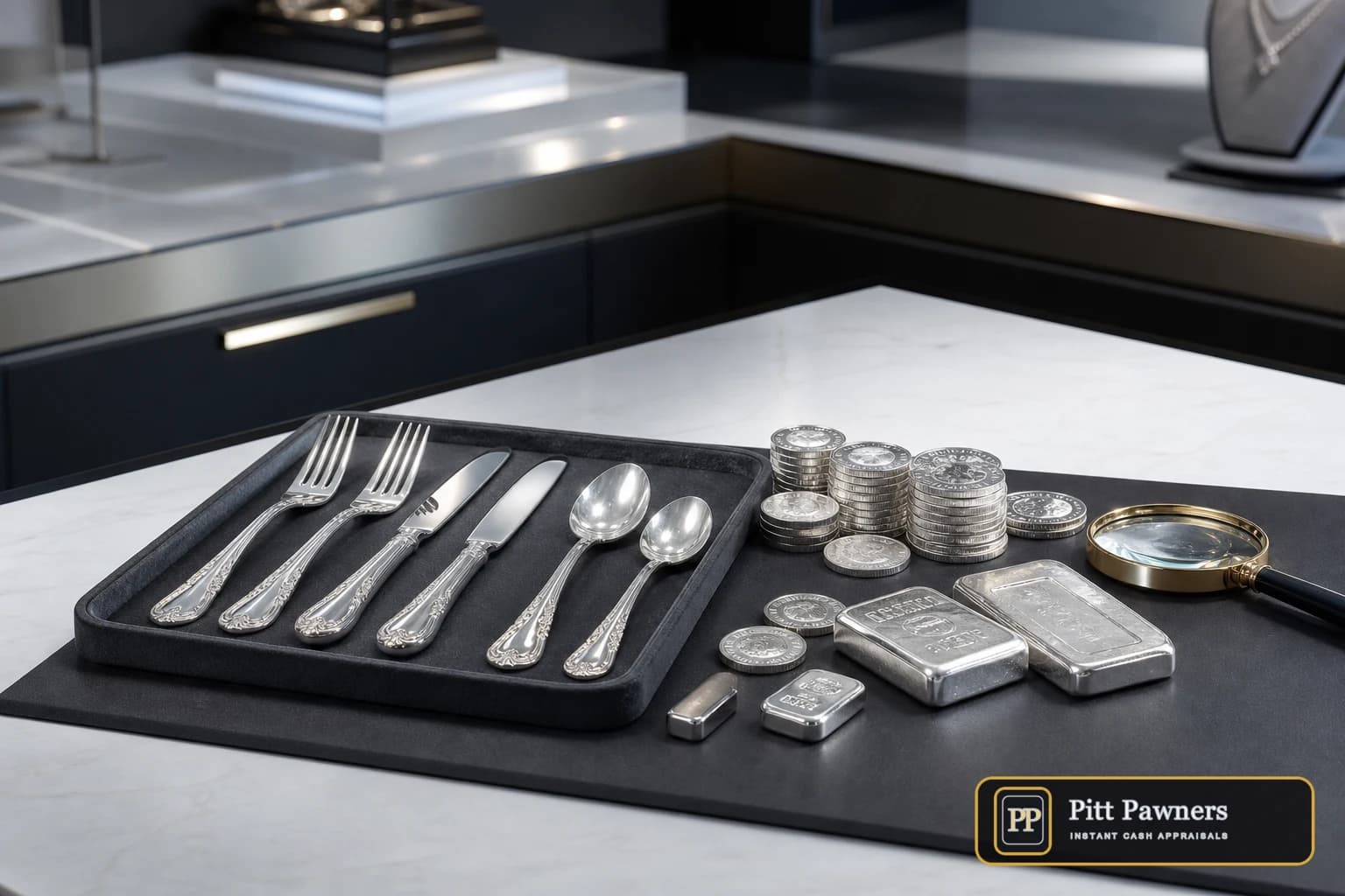 Pitt Pawners branded silver appraisal with flatware coins and bars